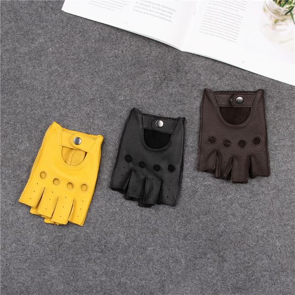 

fitness mens sheepskin half finger gloves black yellow coffee riding motorcycle fingerless comfortable non slip deerskin glovesg, Blue;gray