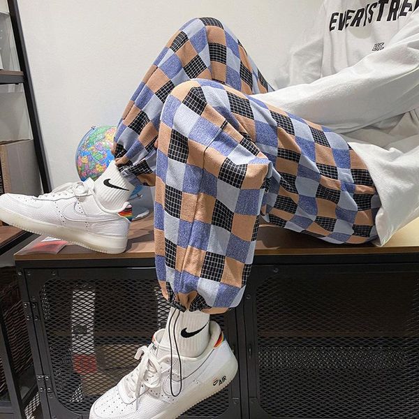 

men's pants 2021 four seasons casual japan harajuku style grid wide men elastic leg opening ankle length women, Black