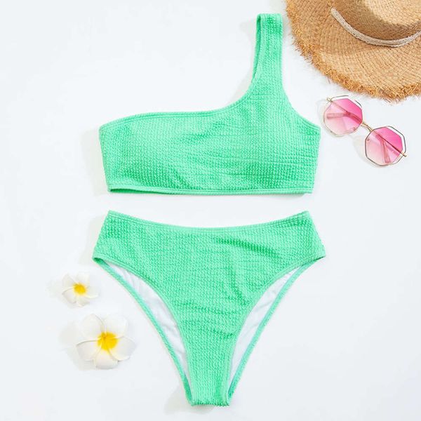 

wave high waist one shoulder split bikini swimsuit, White;black