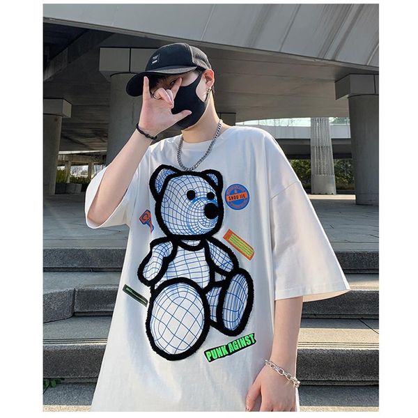 

men's t-shirts summer pattern bear printing hip hop street loose leisure multi function t-shirt lovers round neck half sleeves, White;black