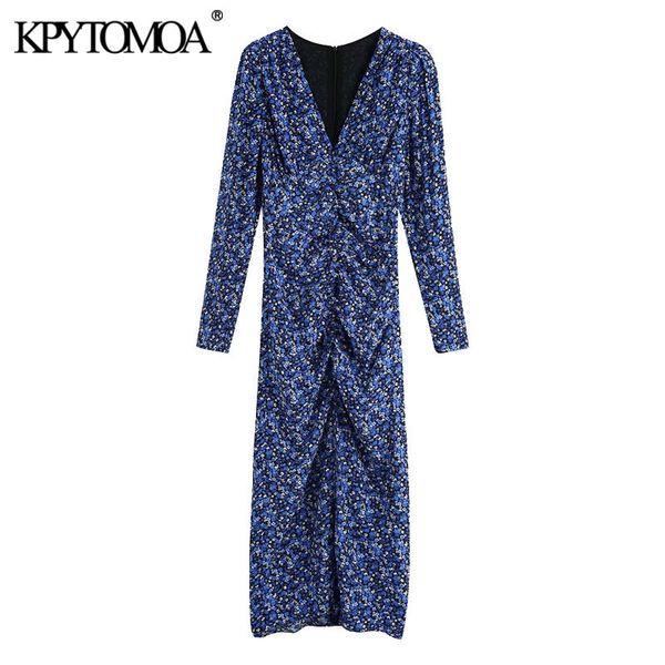 

women fashion floral print pleated slit midi dress vintage long sleeve back zipper female dresses vestidos mujer 210416, Black;gray