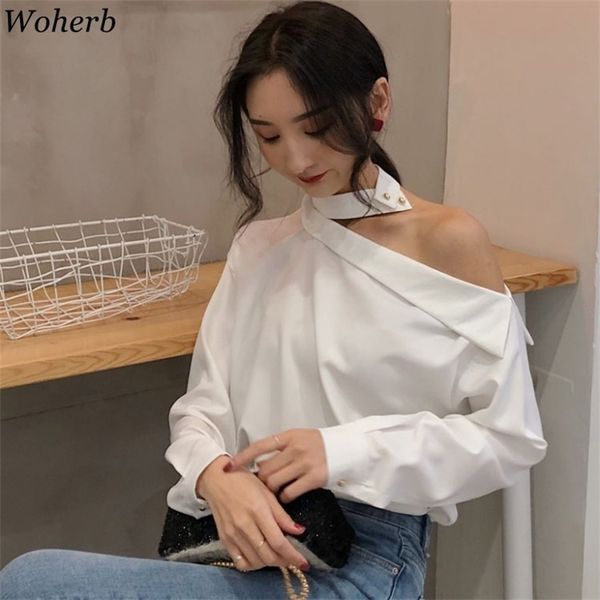 

spring summer women fashion long sleeve off shoulder white black blouses shirts casual halter blusas 210519