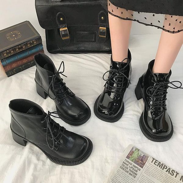 

boots women's shoes autumn ladies lace-up square heel high-heeled women fashion black patent leather pu ankle