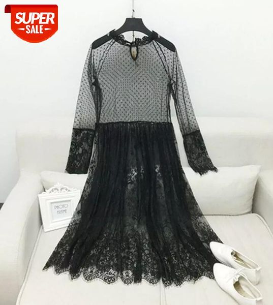 

2020 perspective lace dress women long sleeve mesh sheer transparent see through cover up tulle #bk7g, White;black