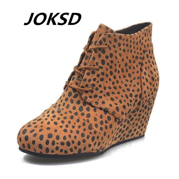 

boots pointed toe booties winter women leopard ankle lace up footwear platform high heels wedges shoes woman xj02, Black