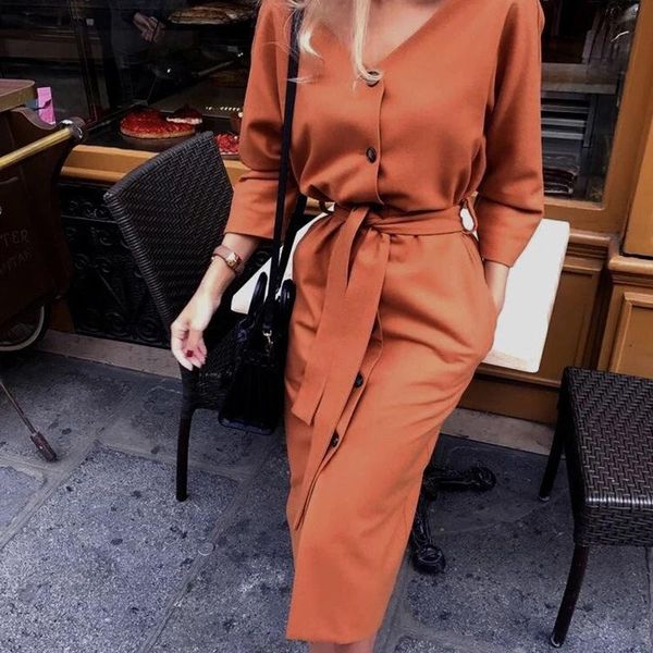 

v neck autumn long sleeve women dress ladies sashes button casual office 2021 fashion midi vintage dresses, Black;gray