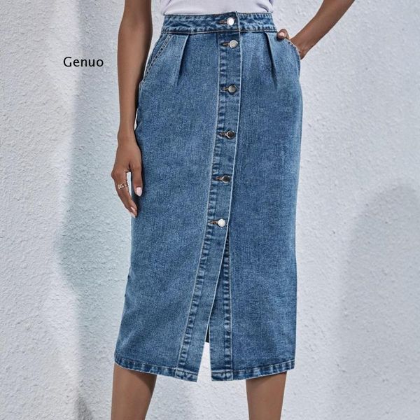 

skirts single breasted knee length denim skirt women streetwear casual pocket high waist straight jeans, Black