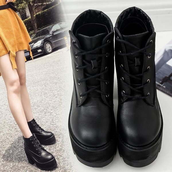 

boots south korea thick heel waterproof platform and bottom short tube round head lace up high, Black
