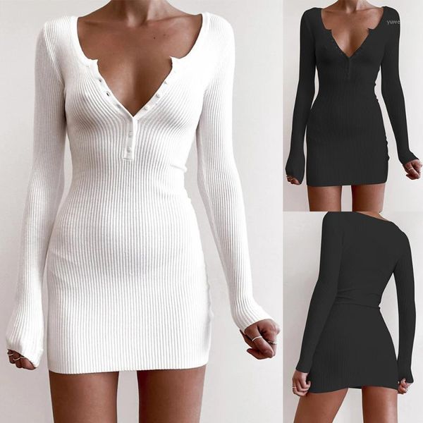 

casual dresses women autumn winter knitted solid bodycon mini dress long sleeve cut bow v neck slim party club black white, Black;gray