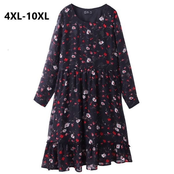 

dresses plus size 10xl 8xl 6xl 4xl women spring long sleeves chiffon female elegant floral printed irrgular hem dress for feminina, Black;gray
