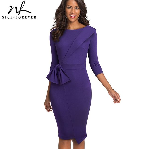

nice-forever vintage elegant wear to work with bow pure color vestidos business party bodycon winter women office dress b545 210419, White