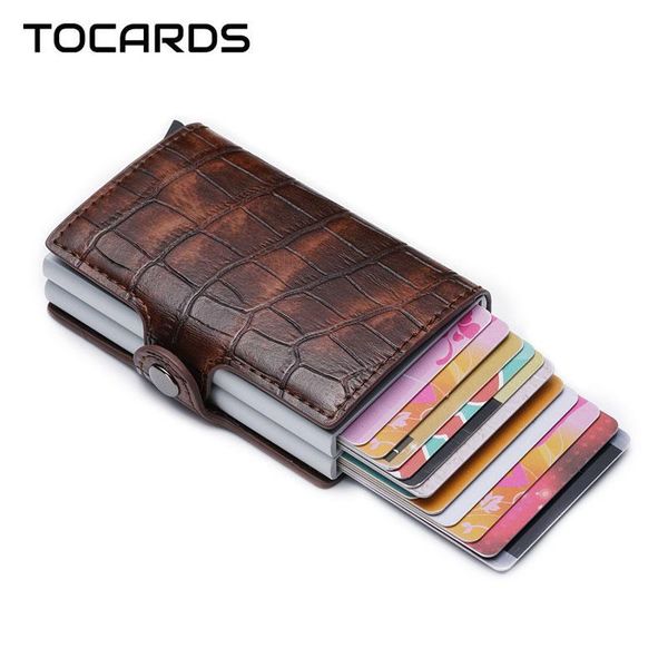 

card holders rfid 2021 alligator holder men automatic aluminium alloy leather twin layer case mini wallet slim purse, Brown;gray