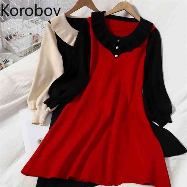 

korobov korean hit color patchwork women dress vintage a-line long sleeve female dresses office lady knit vestidos femme 210430, Black;gray