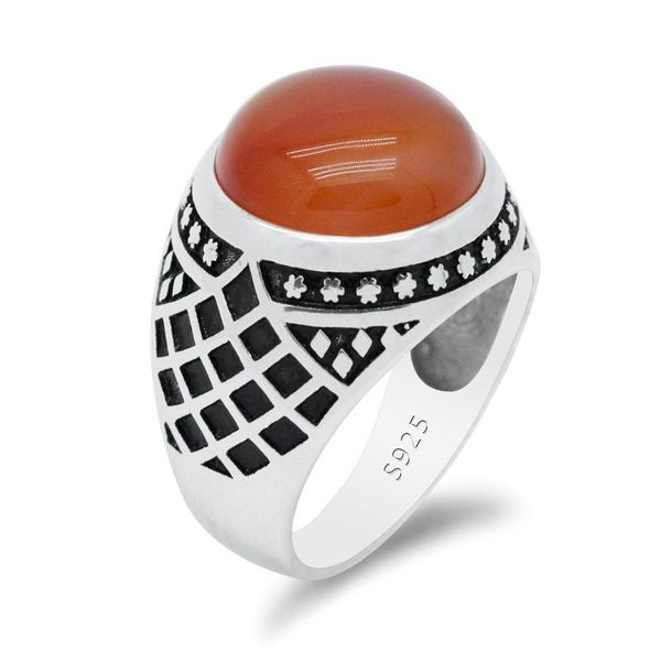 

cluster rings vintage male ring with round orange agate 925 sterling silver natural stone turkish jewelry men women anniversary gift, Golden;silver