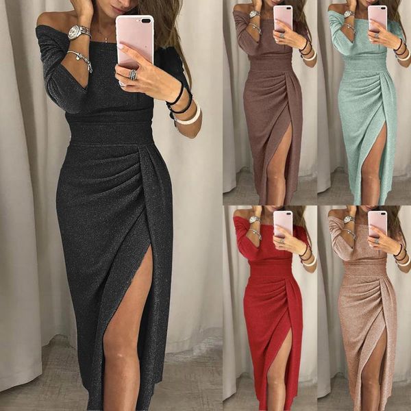 

casual dresses for women 2021 fashion strapless high slit tight dress off-shoulder sequins bodycon long sleeve party, Black;gray