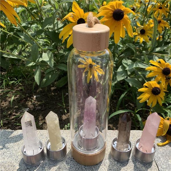

drop 550ml natural crystal quartz point gemstone healing energy elixir drink water bottle bamboo glass cup gift decorative objects & figurin