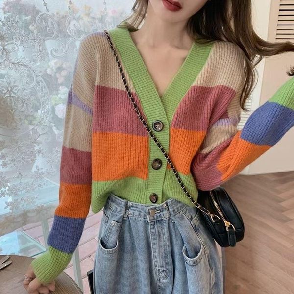 

women's knits & tees 2021 color matching sweaters short knitted cardigan korean fashion coat autumn vintage clothes long sleeves pull f, White