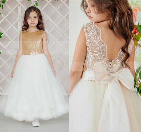 

girl's dresses custom a-line flower girl dress gold sequins satin bow lace tulle v back children wedding party gown first communion, Red;yellow