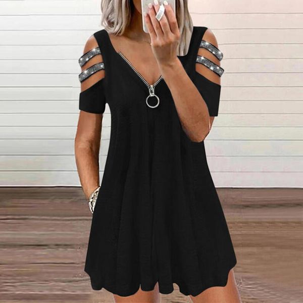 

women's swimwear women summer dress casual zipper v-neck strap hollow cold shoulder dresses party floral print short sleeve beach vesti, White;black