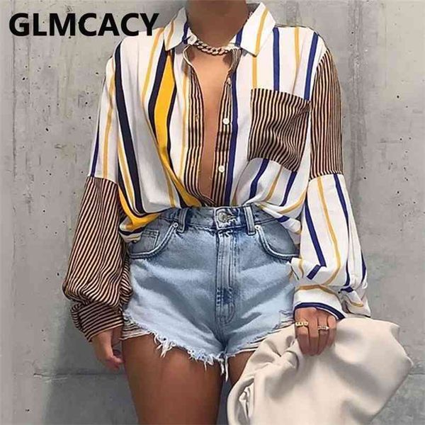 

women long sleeve button shirt striped patchwork chic blouse 210730, White