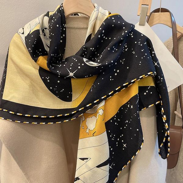 

scarves luxury women's winter silk wool scarf star vision print female high-end pattern square office shawl dual-use, Blue;gray