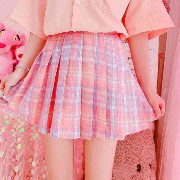 Frauen A-linie Hohe Taille Plaid Gefaltete Mini Shorts Rock Harajuku Nette Japan Kawaii Rosa Schöne Süße Weiche Schwester Röcke G220309