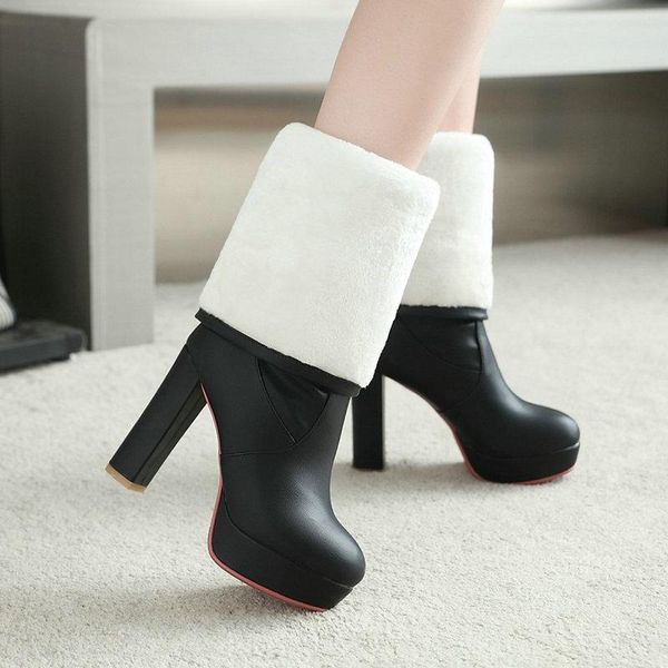 

boots warm plush snow winter women fashion platform square high heel knee slip on ladies shoes black white red