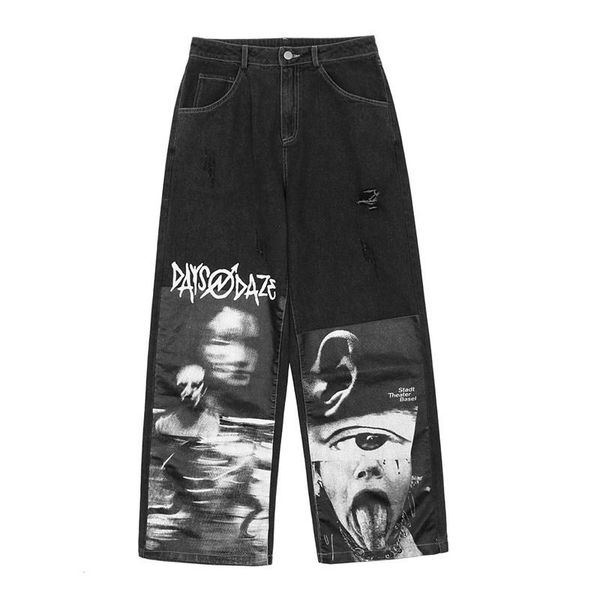 

men's jeans high street casual men hole abstract character printed pantalon homme loose straight-leg pants male distressed streetwear, Blue