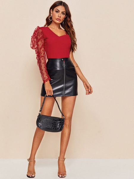 

asymmetrical neck polka dot flocked mesh gigot sleeve y2va#, White