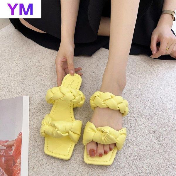 

sandals square toe 2021 summer handmade knot flat heels party plussize35-43 zapatillas mujer casa sapatos femininos, Black