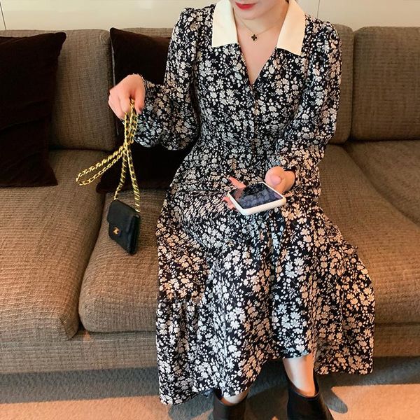 

casual dresses elegant turn-neck floral printed women dress flare sleeve a-line female chiffon 2021 vintage midi vestidos, Black;gray