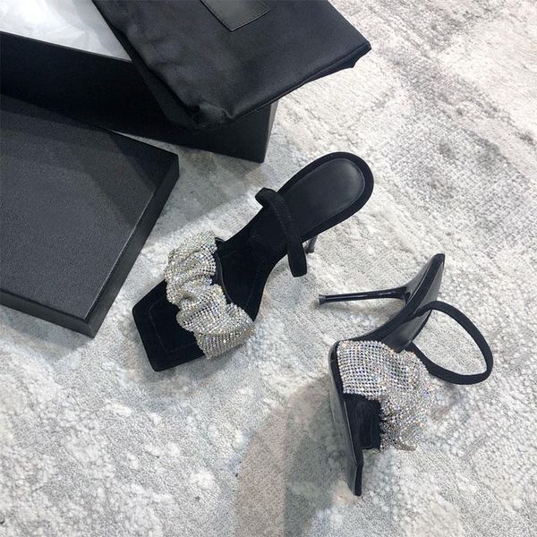 

bling sequins sandals women luxury rhinestone bow square toe high heel runway summer wedding party shoes 2021, Black
