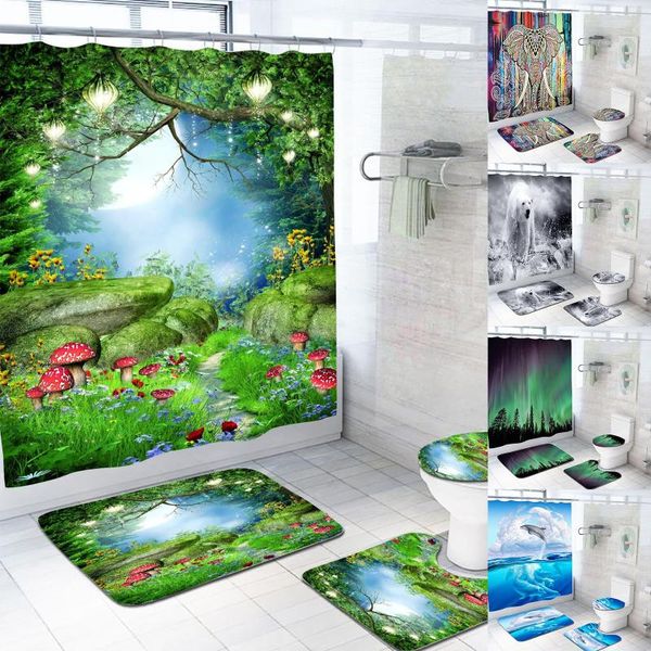

forest whale printing shower curtains flower and grass aurora home decoration bathroom waterproof curtain 180x180cm 1pc