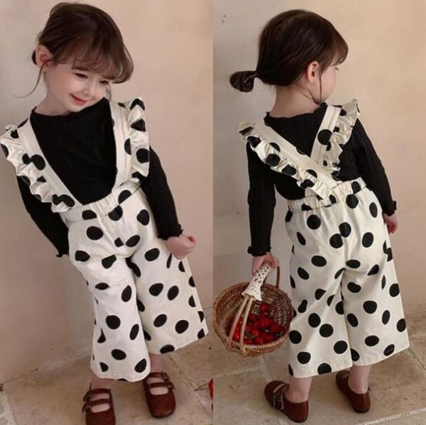 

clothing sets children's long-sleeved sweet suit 2021 autumn girls bottoming shirt + polka dot overalls 2pcs, White