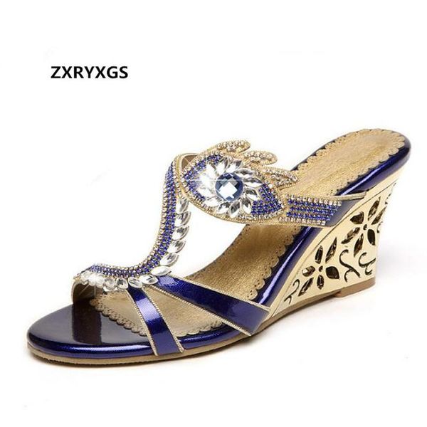 

summer rhinestone sandals women slippers genuine leather shoes with ladies slope open toe fashion, Black