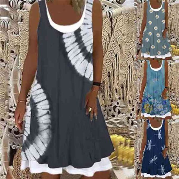 

summer women tank dress casual sleeveless print splice o neck mini dress retro denim style loose dresses plus size, Black;gray