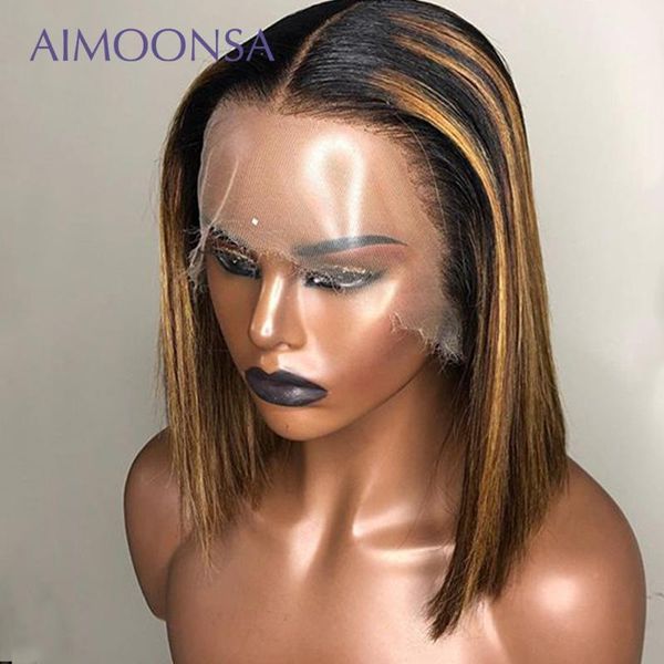 

honey blonde lace front wigs straight human hair ombre wig 13x6 deep part short bob natural malaysian remy aimoonsa1, Black;brown