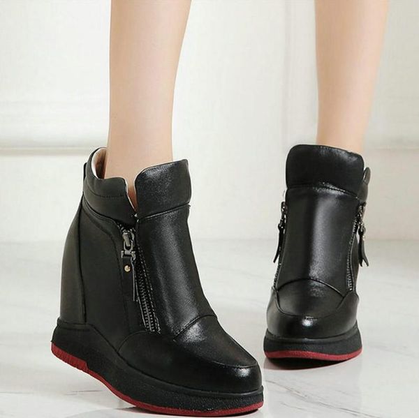 

boots fashion sneakers women genuine leather platform wedges ankle female round toe high heel pumps shoes casual, Black