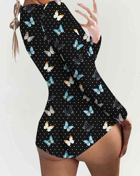 Mulheres Sexy Borboleta Multicolor Imprimir Manga Longa Skinny Macacão profundo V Neck Cute Pijama Femme Curta Jumpsuit Lady Roupas 210415