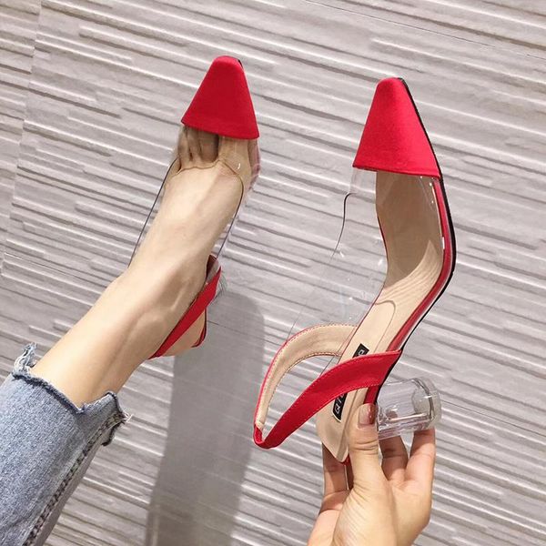

pointed women sandals transparent dress shoes round clear high heels back strap elegant summer red woman, Black