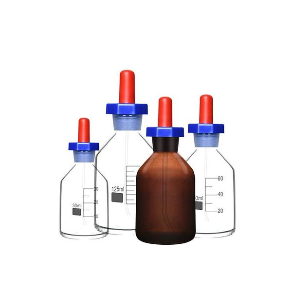 

lab supplies dropping bottle with rubber suction ball glass curved drip tip tube transparent brown scale 30 60 125ml 1/ pk