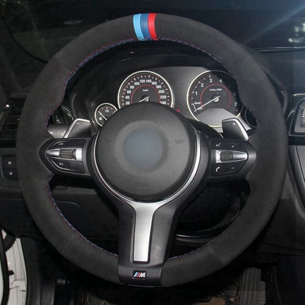 

black genuine leather suede car steering wheel cover for bmw f87 m2 f80 m3 f82 m4 m5 f12 f13 m6 f85 x5 x6 m f33 f30 m sport