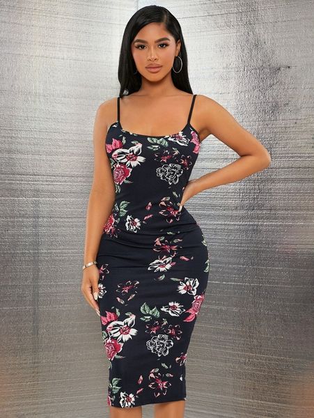 

floral print split hem bodycon cami dress d59k#, Black;gray