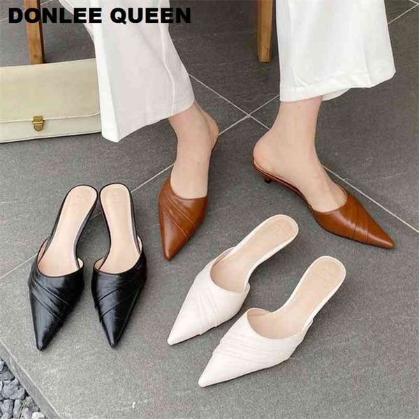 

brand slipper pointed toe slides low heel mules thin outdoor flip flops pleated shoes female sandals 210619, Black