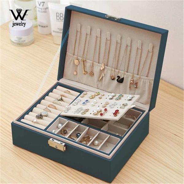 

we double-layer high capacity leather jewellery box ear stud earrings ornament storage multi-function large jewelry 211105, Black