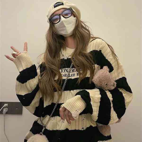 

women's sweaters nova oversized vintage solto stripe buraco pulÃ´ver outono inverno camisola mulher o pescoÃ§o casual y2k malha de moda s, White;black