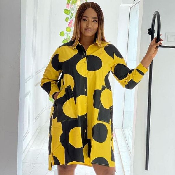 

casual dresses tsxt 2021 african style women print 4-colors pockets loose dress single breasted notched full sleeve plus size, Black;gray