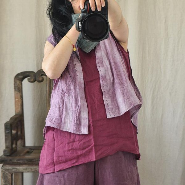 

women's vests qpfjqd ladies v-neck solid color loose linen vest sleeveless 2021 summer autumn women chinese style retro casual short co, Black;white