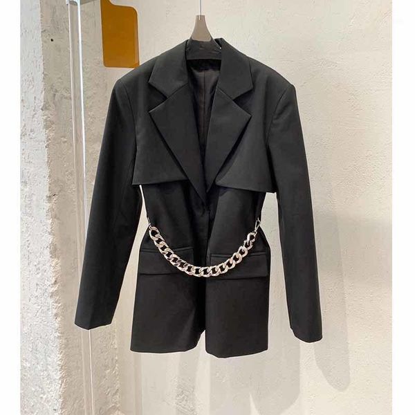

women's suits & blazers cosmicchic 2021 autumn winter women blazer black cape type metal chain belt shoulder pad suit jacket runway des, White;black