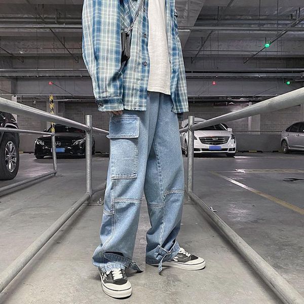 

men's jeans wide leg denim pant loose straight baggy streetwear pants hip hop trousers, Blue